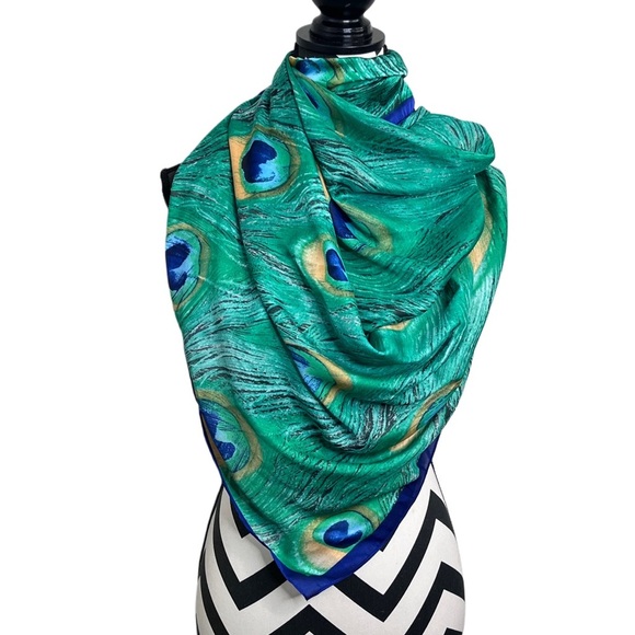 Satin Peacock Feather Print Bohemian Artsy Colorful Wrap Shawl - Picture 3 of 9